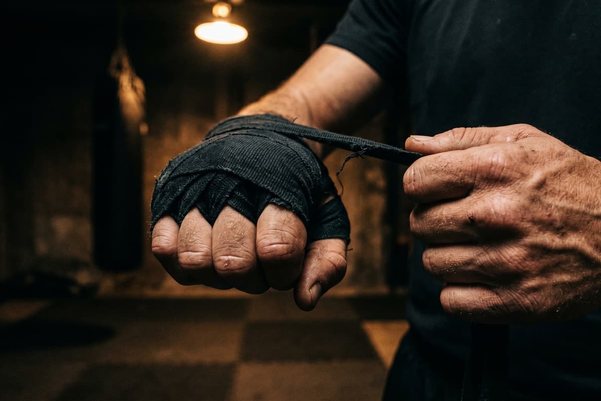 Hands wrapping for training — close detail in motion.